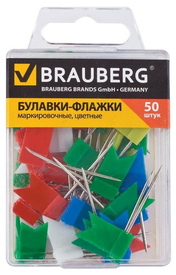 Булавки-флажки маркировочные BRAUBERG (брауберг), цветные, 50 шт, пластиковая коробка, европодвес