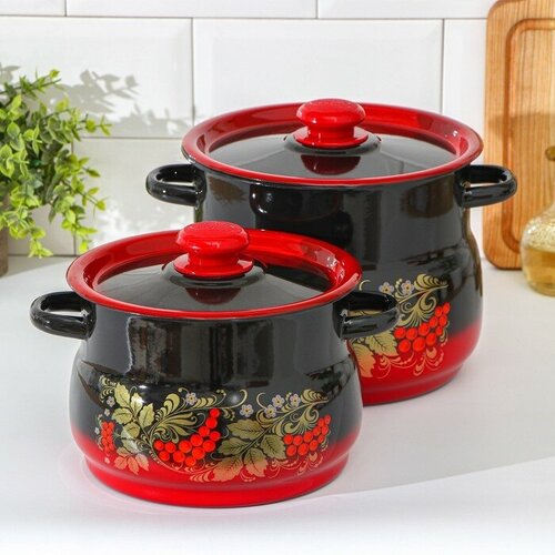 Набор кастрюль Рябинка 2 предмета 455 л эмалированные крышки индукция цвет чёрно-красный 4238₽