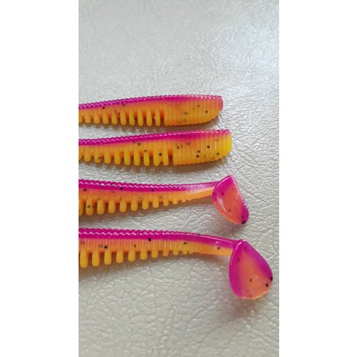 Силиконовая приманка мягкая Аваруна (Easy Shad) 100мм (5шт) Сиренево-желтый (Sliva Lime).