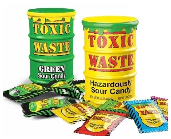Toxic Waste набор из самых кислых конфет два цвета, желтый и зеленый - фотография № 2