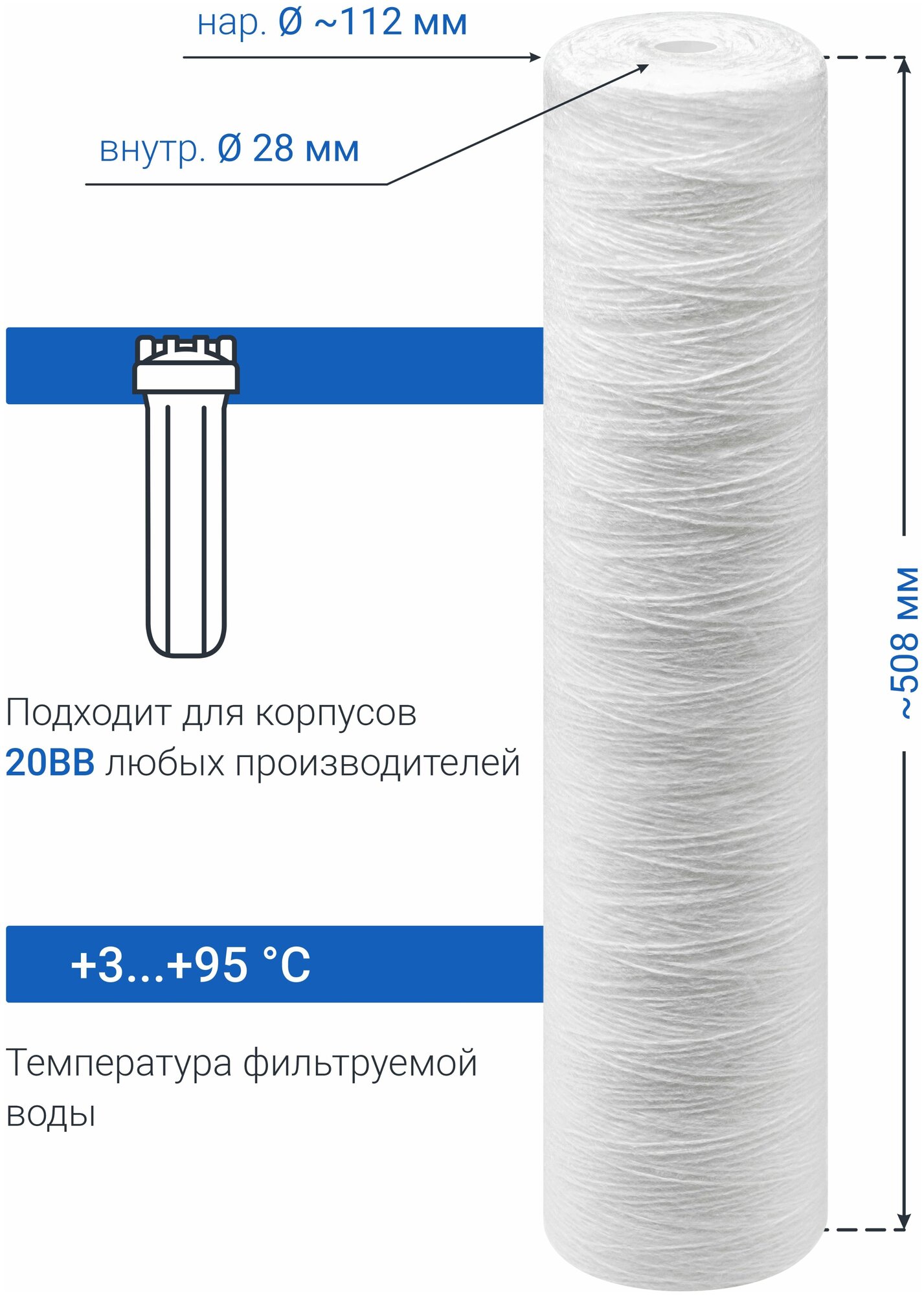 Картридж для фильтра из полипропиленовой нити Адмирал ФПН-20Б-50 мкм для механической очистки холодной и горячей воды - фотография № 2