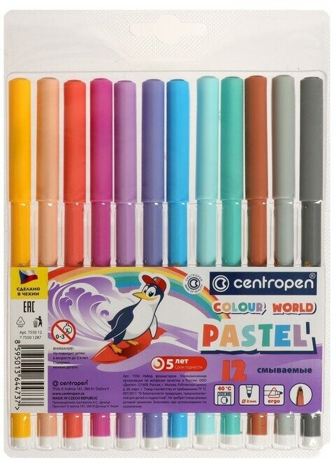 Centropen Фломастеры 12 цветов Centropen 7550 TP Colour World Pastel 2.0 мм, пастельные, блистер, европодвес