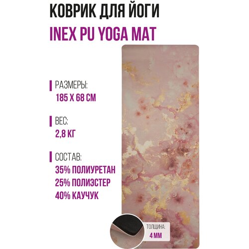 Дизайнерский коврик для йоги INEX Yoga PU Mat полиуретан с принтом, розовый мрамор с позолотой, 185х68х0,4 см.