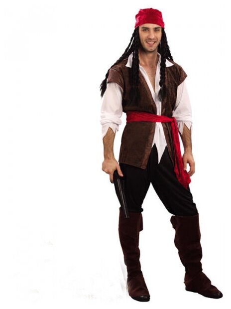 Карнавальный костюм Пирата " Джек Воробей" мужской взрослый: бандана рубашка жилет пояс брюки накладки