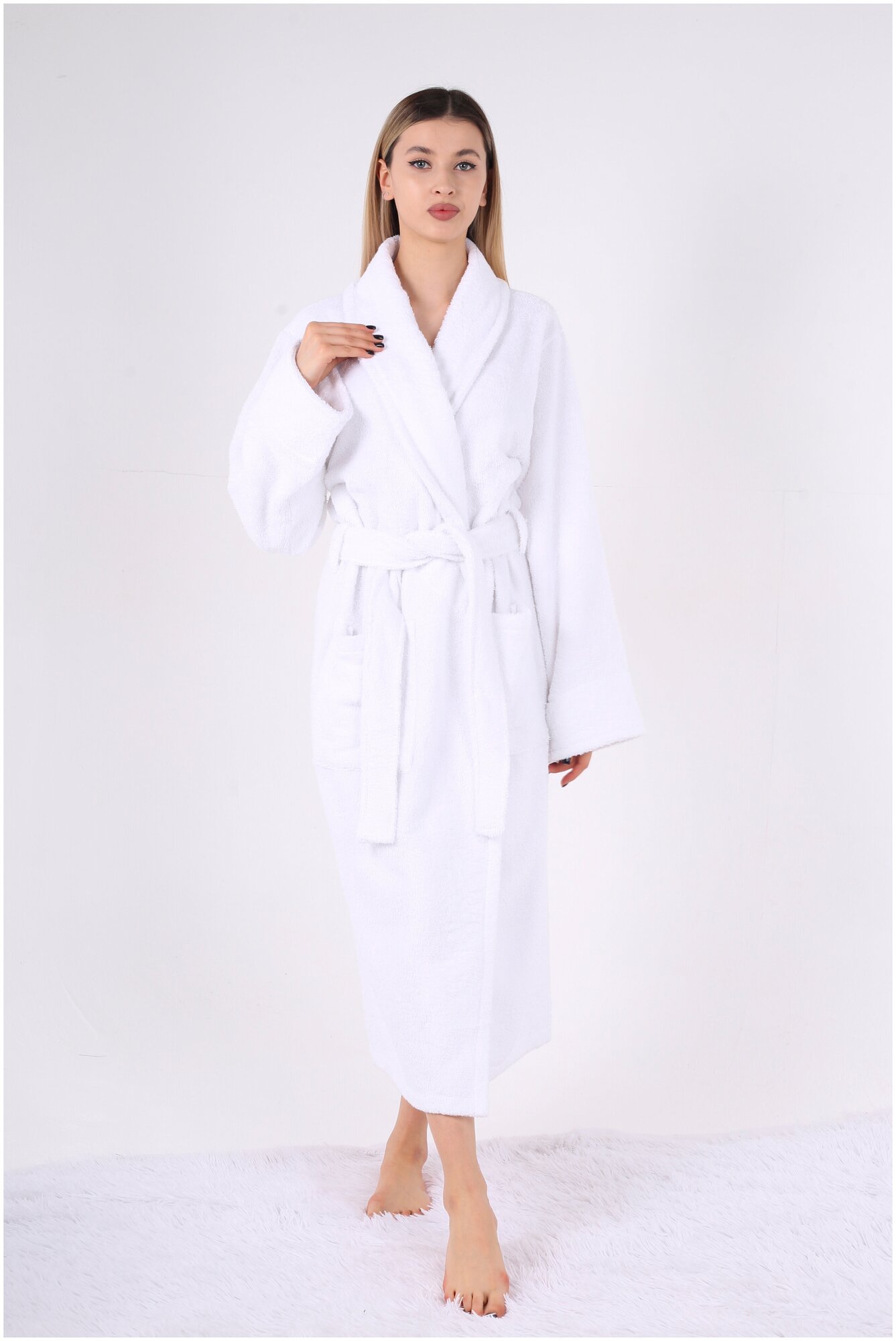 Женский махровый цвет белый халат с шалькой Veve home textile белый - фотография № 6