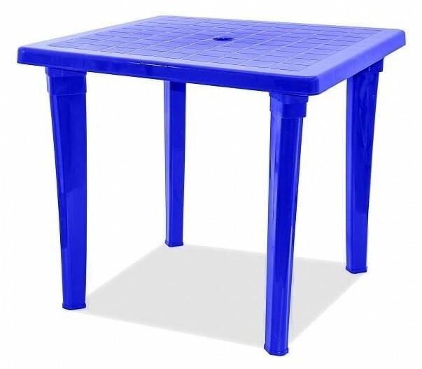 Стол пластиковый садовый квадратный синий с отверстием под зонт - фотография № 1