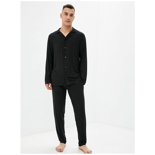 фото Пижама luisa moretti, рубашка, брюки, карманы, трикотажная, размер 52-54, черный