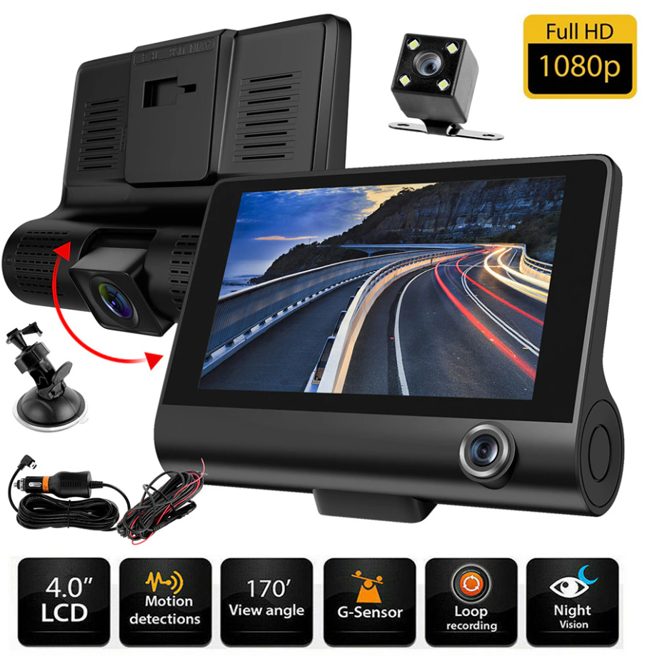 Автомобильный видеорегистратор Full HD 1080p с двумя встроенными объективами и камерой заднего вида для парковки / G-sensor / HDR / 3 камеры