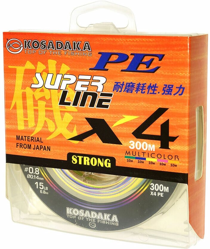 Шнур плетен. Kosadaka "SUPER LINE PE X4" 300м, цв. multicolor; 0.30мм; 21.8кг