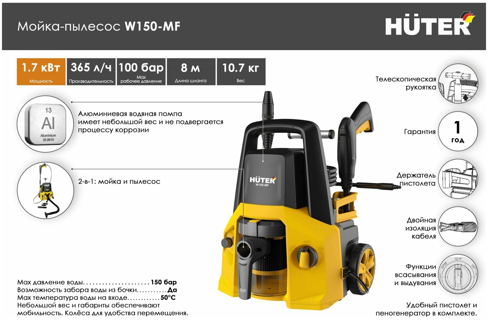 Мойка высокого давления Huter W150-MF 1700 Вт / мойка пылесос / минимойка - фотография № 2