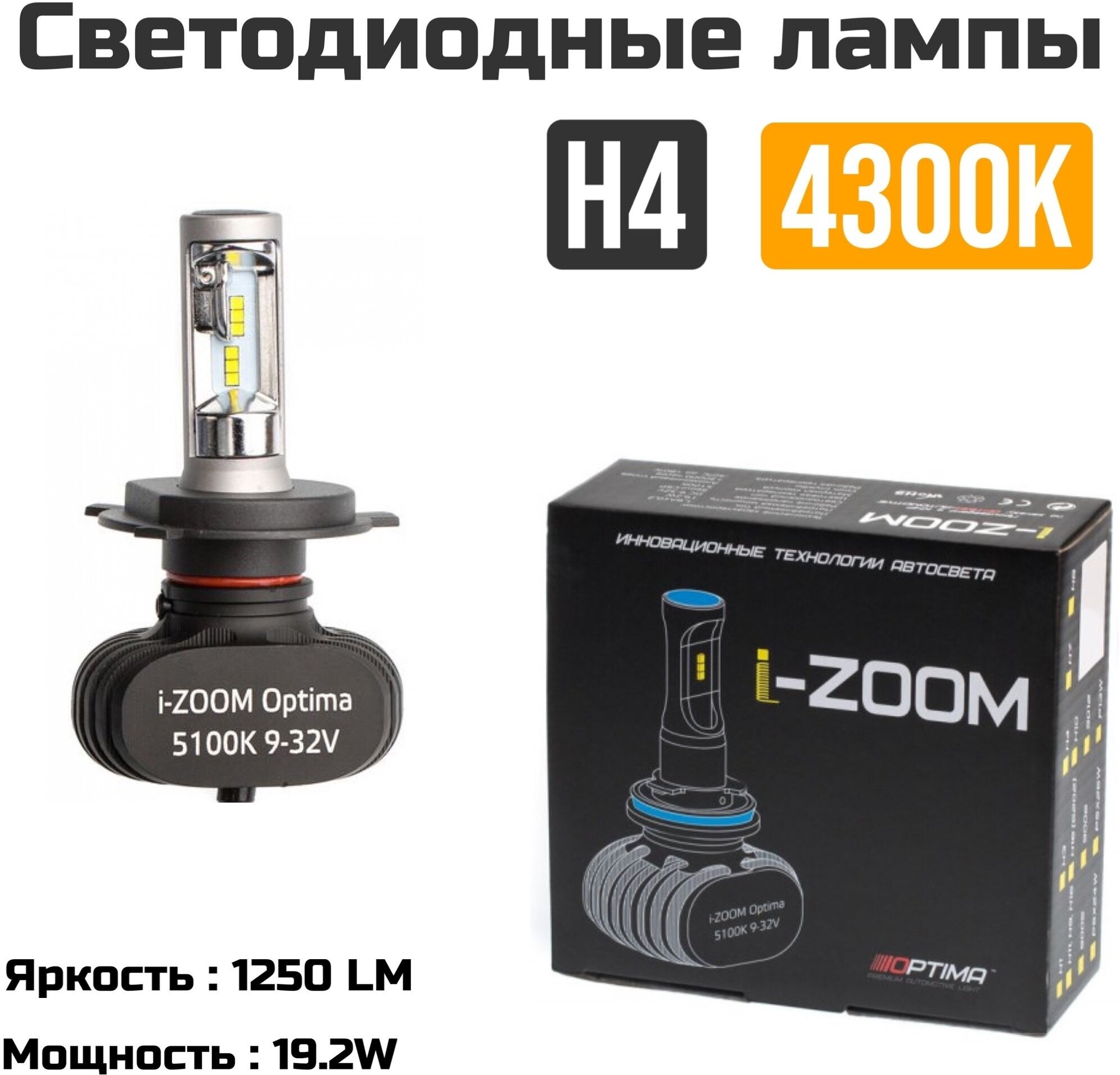 Светодиодные автомобильные лампы Optima LED i-zoom H4 4300K