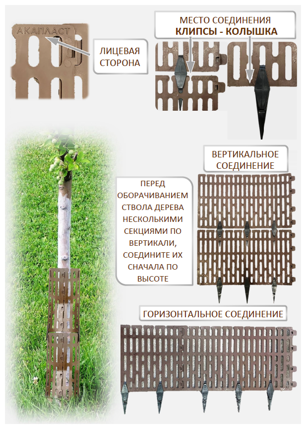 Защита стволов деревьев AKAPLAST коричневая с колышками/ Защита растений от косы, косилки, грызунов. Набор: 6 секций,18 клипс-колышков. - фотография № 3