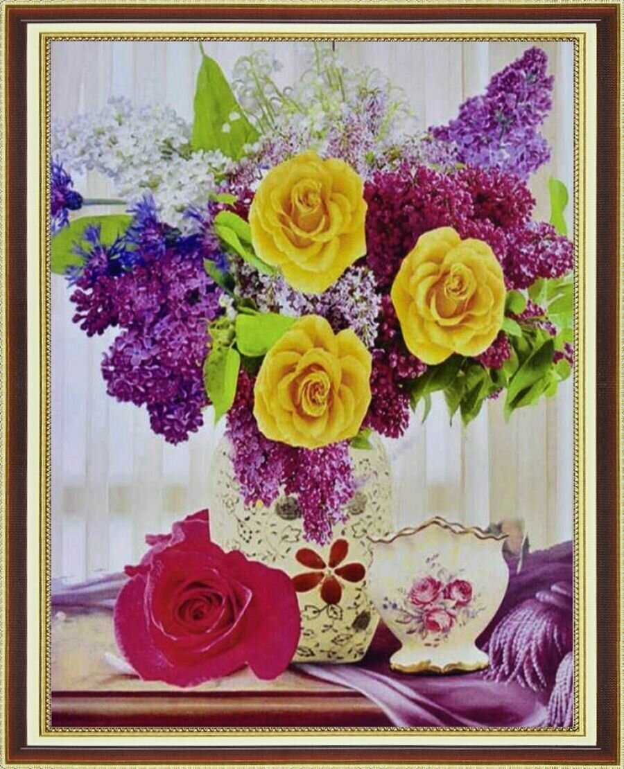 Алмазная мозаика на подрамнике " Сирень и розы" 40х50 см, цветов-30