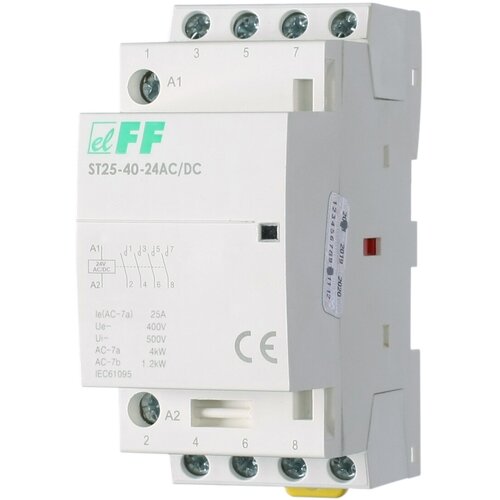 Контактор 25A 24V ST25-40-24 AC/DC контакт 4NO, потребляемая мощность 4Вт, размер 2 модуля контактор 25a 220v st25 22 контакт 2no 2nc потребляемая мощность 4 0вт размер 2 модуля