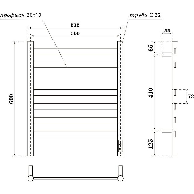 Полотенцесушитель электрический POINT Селена PN16856B П6 500x600, диммер справа, черный - фотография № 3