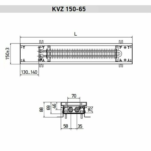 Внутрипольный конвектор Techno Power KVZ 150-65-2000/Б с естественной конвекцией, окантовка цвет бронза, без решетки