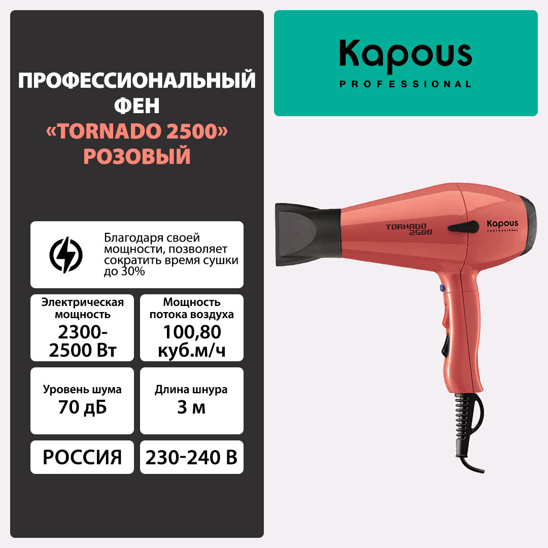 Фен профессиональный для укладки волос Tornado 2500 капус розовый