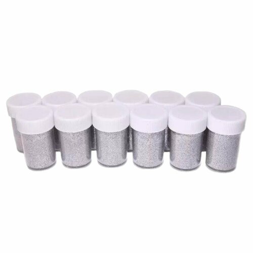 Блестки-глиттер в баночках для творчества, цв. серебро, 12 шт.