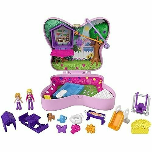 Polly Pocket GTN21 Сад бабочек, коробка, 2 маленькие куклы, 5 сюрпризов, 13 аксессуаров, функция Pop + Swap, 4+ лет