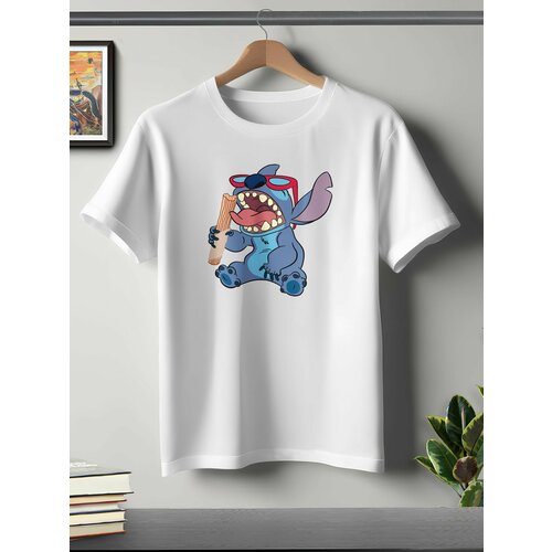 фото Футболка oneq унисекс 56-58 (3xl) размер с принтом стич, белая, размер 3xl, белый