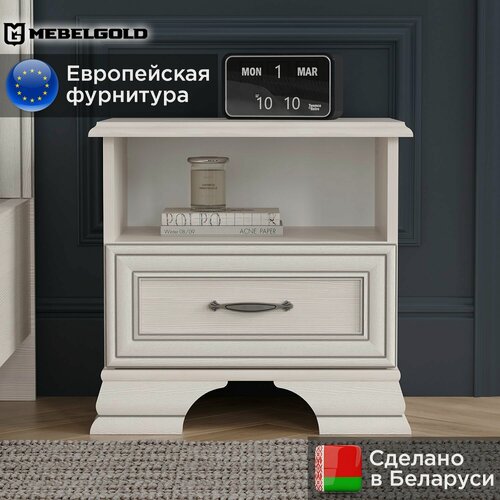 Изображение товара Мальпенса Тумба прикроватная в спальню, детскую, деревянная, белорусская, Тиффани / Tiffany 1S вудлайн кремовый МебельГолд