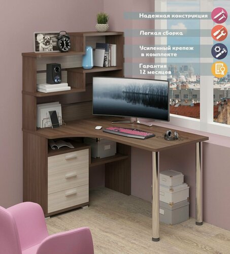 Изображение товара Стол компьютерный Мэрдэс СР-132-140 ШК-ЛЕВ Шамони-Ч/Карамель с надстройкой