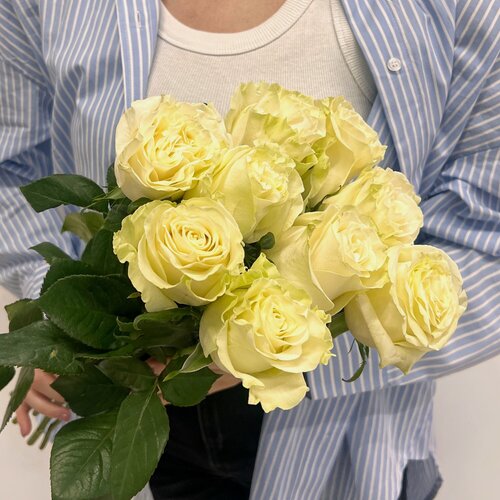 Изображение товара Букет живых цветов из 9 белых роз под ленту, Эквадор 50 см | Пять цветов - быстрая доставка