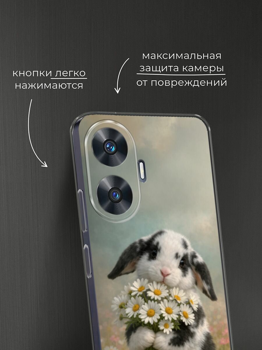 Чехол на Realme C55 / Реалми C55 с принтом Кролик с букетом ромашек — фото 1