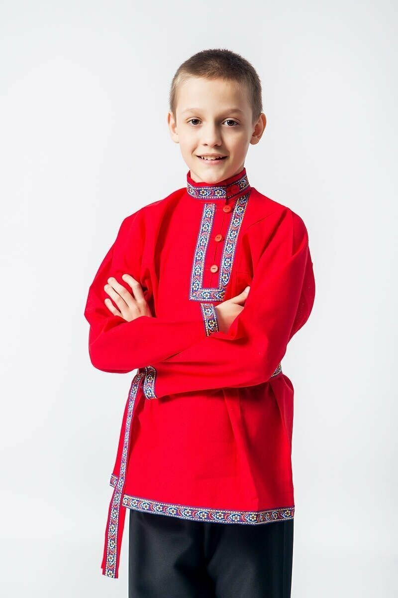 Косоворотка Емеля, русская народная рубаха, красная 9-10 лет (134-140 см)