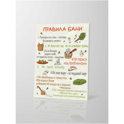 Картина на холсте, табличка для бани Правила бани, 30х40 см, Мир Печатей