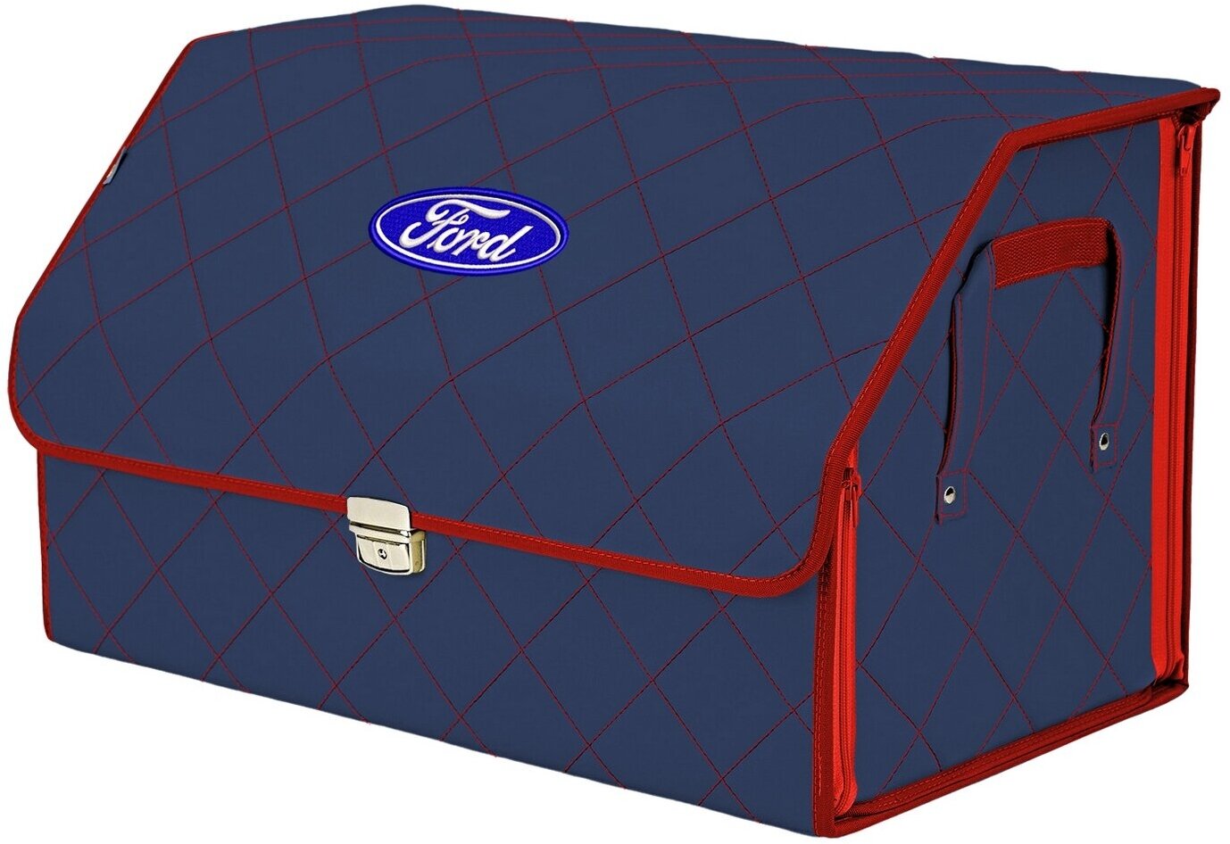 Органайзер-саквояж в багажник "Союз Премиум" (размер XL). Цвет: синий с красной прострочкой Ромб и вышивкой Ford (Форд).