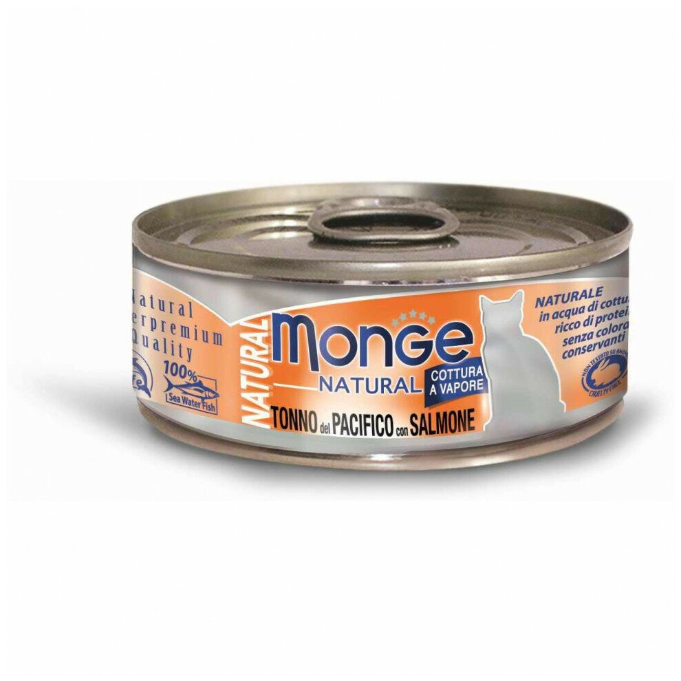 Monge Cat Natural влажный корм для взрослых кошек с тунцом и лососем в консервах 80 г (24 шт в уп)