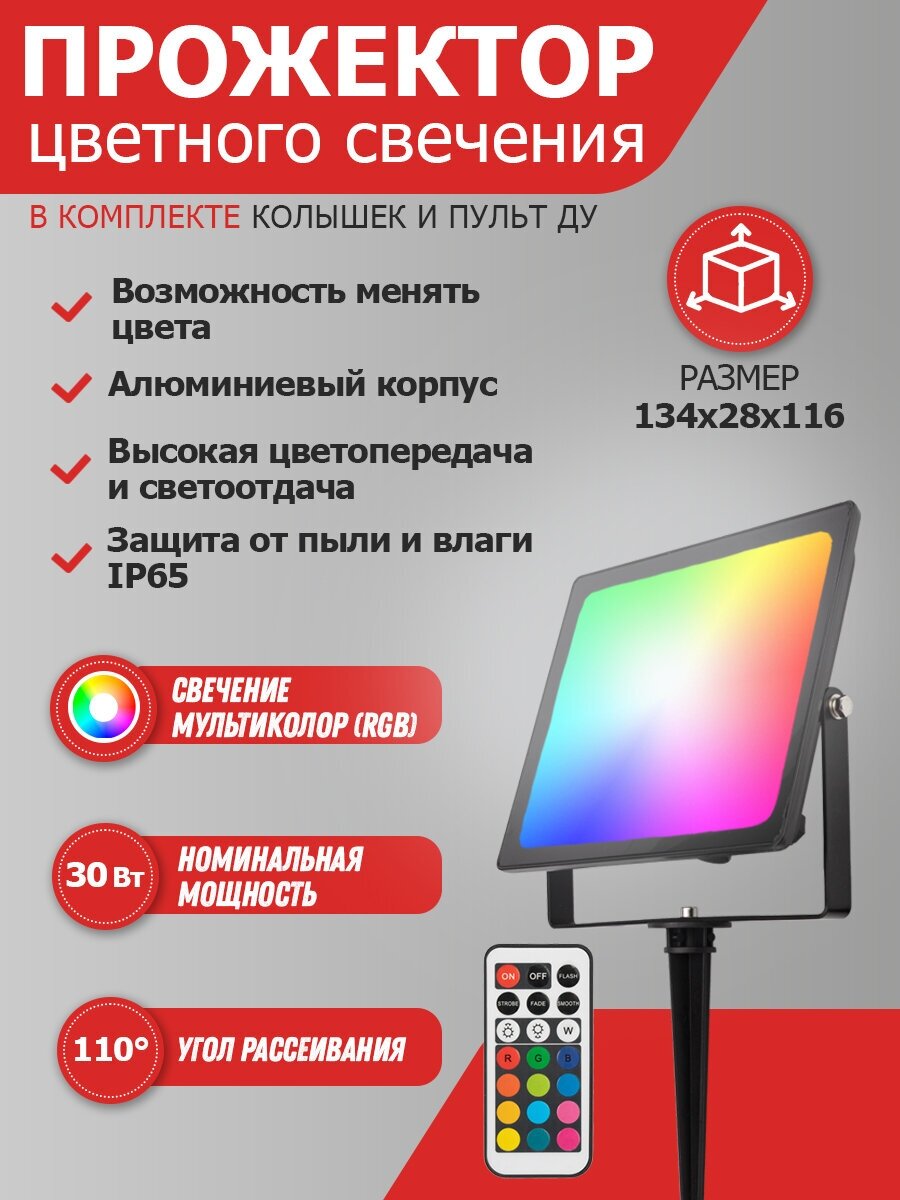 Прожектор светодиодный REXANT 605-012 + опора на грунте, 30 Вт, свет: RGB