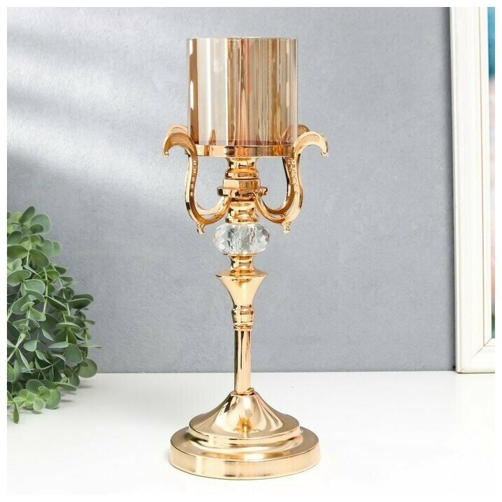 Подсвечник металл, стекло на 1 свечу "Лариан" d-7 см, золото 15,5х15,5х32 см - фотография № 1
