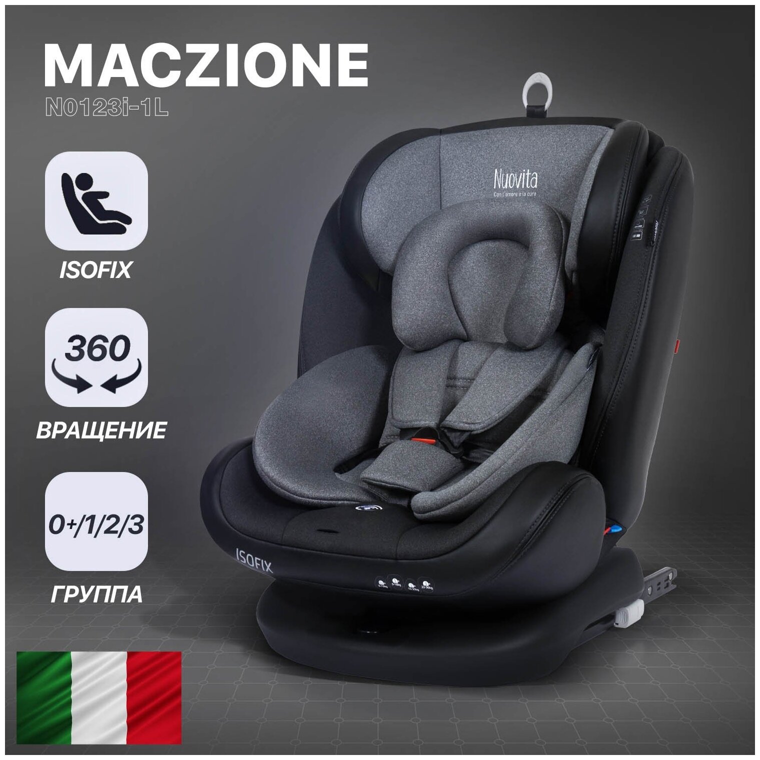 Автокресло Nuovita Maczione N0123i-1L (Grigio/Серый) Группа: 0+/1/2/3 – от 0 до 12 лет (0-36 кг)