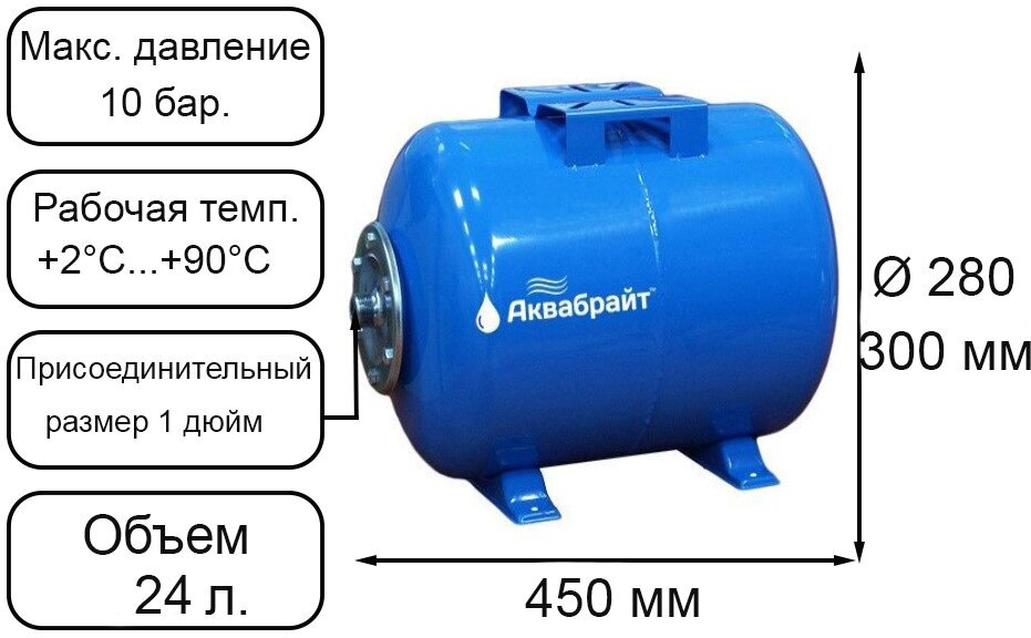 Гидроаккумулятор Аквабрайт ГМ-24 Г 24 л горизонтальная установка