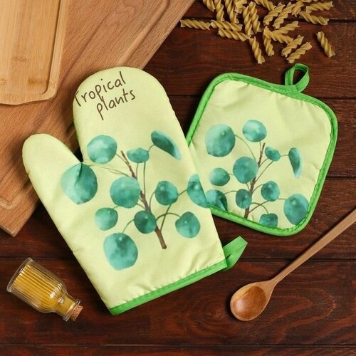 Кухонный набор 2 предмета Tropical цвет зелёный прихватка 17х17 см варежка 25х16 см 100 пэ 780₽