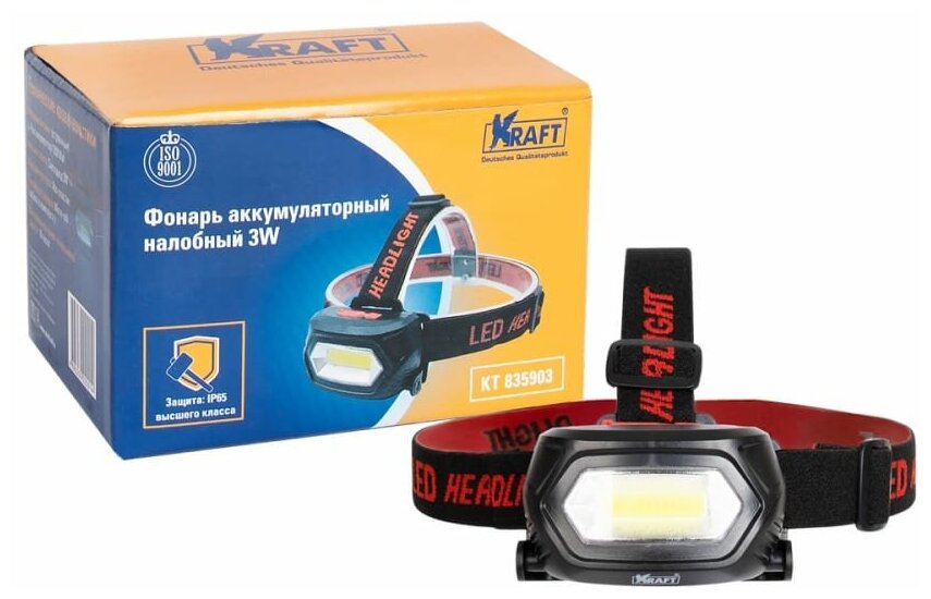KRAFT Фонарь налобный светодиодный аккумуляторный 3W KT 835903