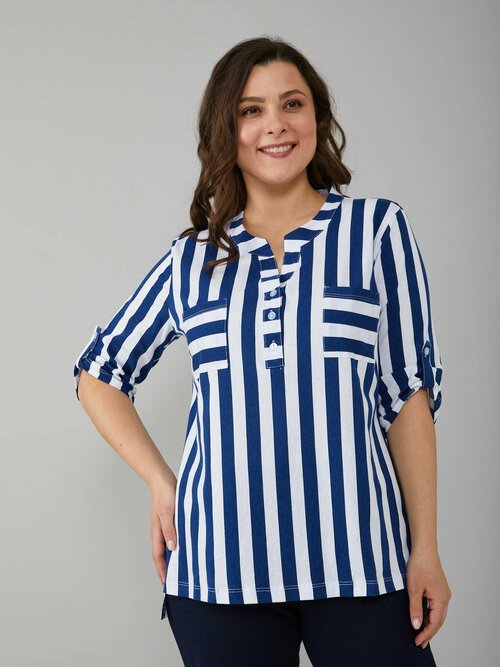 Блуза  Алтекс, повседневный стиль, полуприлегающий силуэт, короткий рукав, размер 50, белый, синий