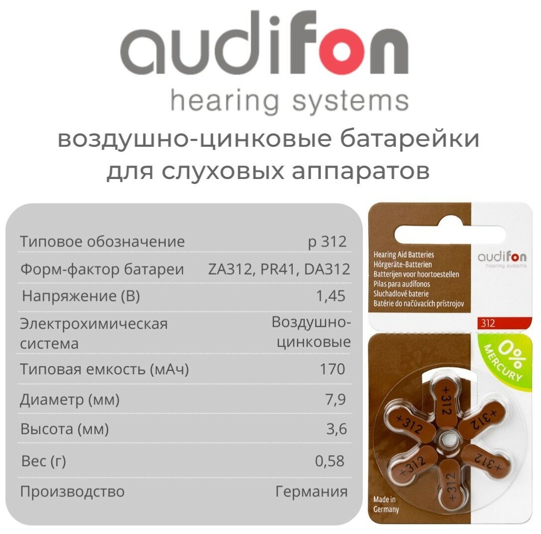 Батарейки для слуховых аппаратов AUDIFON Audifon тип 312 (ZA312, PR41, AC312, DA312), 6 шт