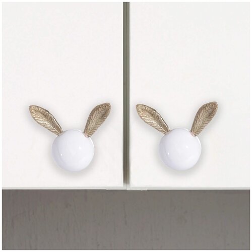 Ручка мебельная Kuchenland, 6 см, 2 шт, керамика/металл, бело-золотистая, Уши кролика, Rabbit