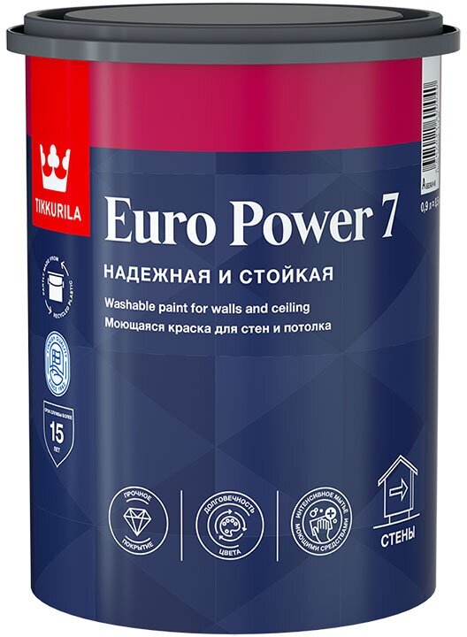 TIKKURILA EURO POWER 7 краска моющаяся для стен и потолка, матовая, база A (0,9л)