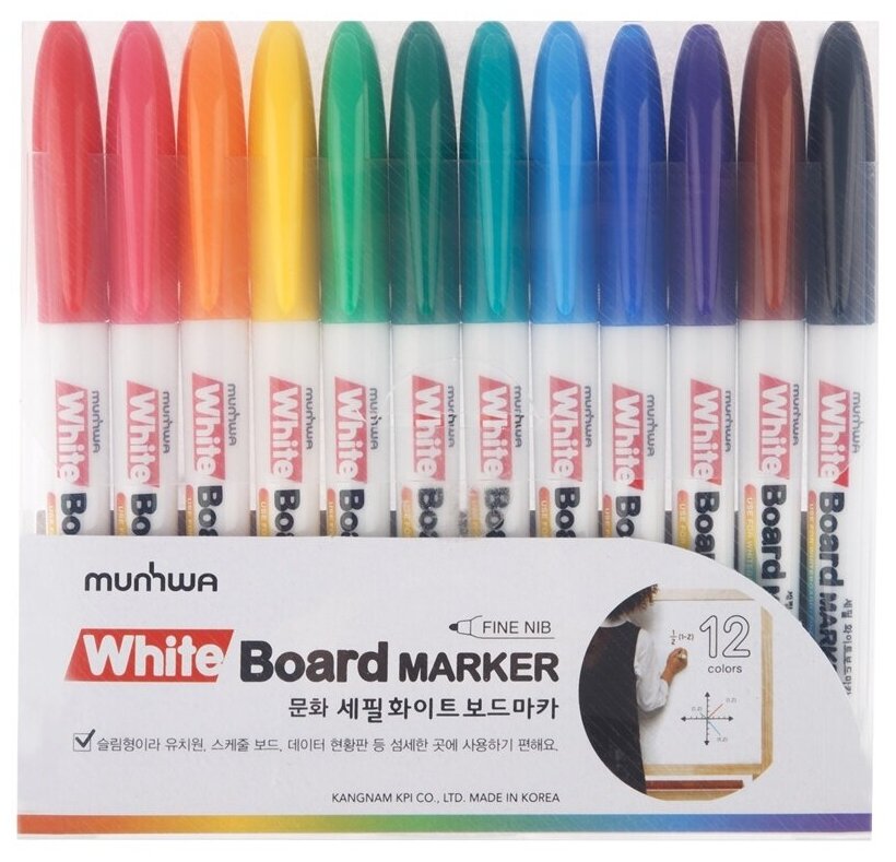 Набор маркеров для белых досок MunHwa 12 цветов, пулевидный стержень, 2 мм (FWBM12)