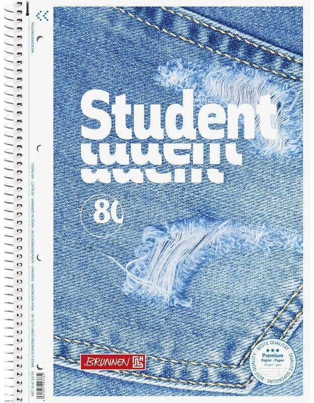 Тетрадь Brunnen Student Premium Jeans, на пружине, 90 гр/м2, А4, 80 листов В линейку, пр-во Германия