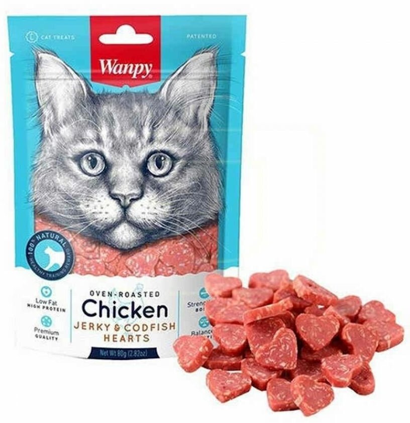 Wanpy Cat Лакомство для кошек «сердечки» из курицы с треской 80 г