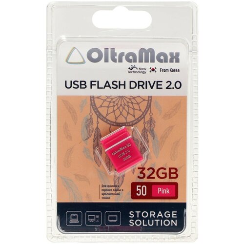 Флешка OltraMax 50, 32 Гб, USB2.0, чт до 15 Мб/с, зап до 8 Мб/с, розовая