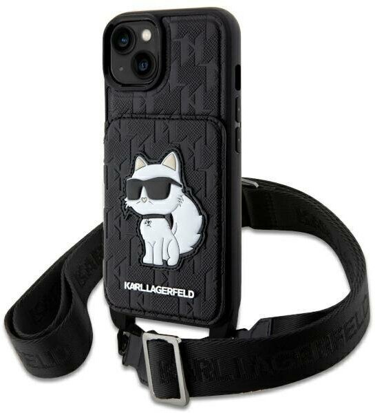Lagerfeld для iPhone 14 чехол Crossbody cardslot PU Saffiano Monogram NFT Choupette Hard Black
