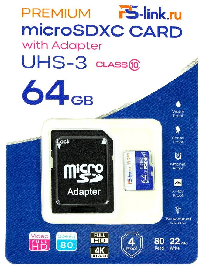 Карта памяти PS-link VD-64G MicroSDXC Class 10 UHS-3 с адаптером