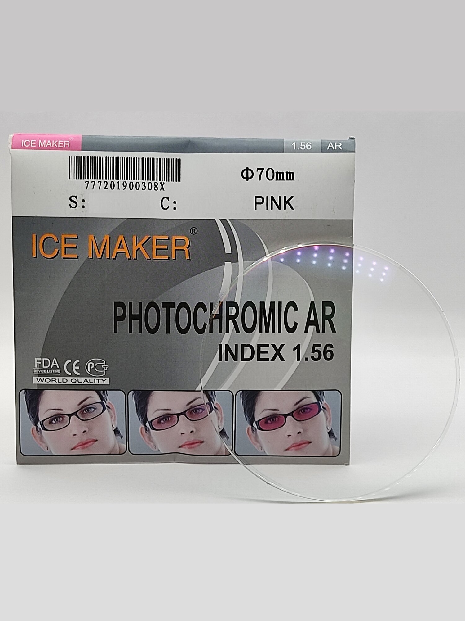 Линза для очков стигматическая 1шт ICE MAKER -3.75, d 70, index 1.56, розовый