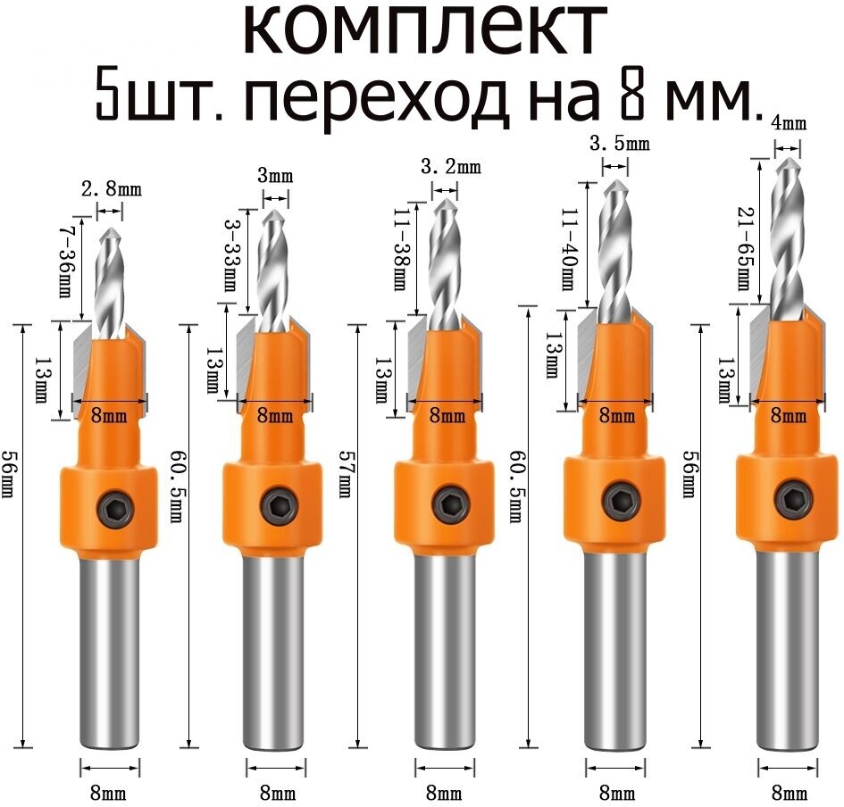 Набор свёрл с зенкером 8мм. 5шт. в к-те.